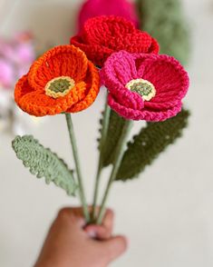 three crocheted flowers being held by a person's hand in front of them