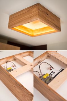 the light fixture is made out of wood and has an electrical circuit attached to it