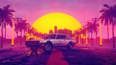 a car is parked in front of the sun with palm trees and buildings behind it