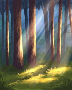 a painting of sunlight shining through the trees in a forest with grass and flowers on the ground