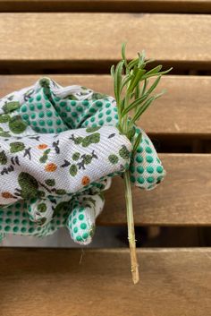 a piece of cloth sitting on top of a wooden bench next to a sprig of grass