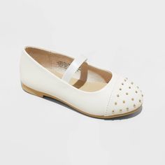 Spruce up your little one's shoe selection with these Ivy Slip-On Ballet Flats from Cat & Jack™. These shoes boast a white faux-leather upper embellished with gold nailheads on the front toe, making them perfect for any occasion from playdates to parties. Featuring an elasticized instep strap, the ballet flats with a round toe are a versatile addition to their wardrobe. Cat & Jack™: Designed for all children so you can trust it's made for yours. The Ballet, Rubber Shoes, Mary Jane Flats, Girls Toddler, Cat & Jack, Western Boots, Kid Shoes, Baby Accessories, Girls Shoes