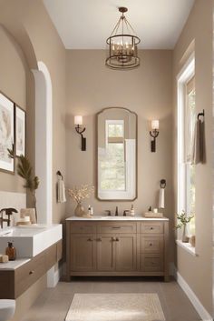 a bathroom with two sinks and a large mirror in it's center, along with a chandelier hanging from the ceiling