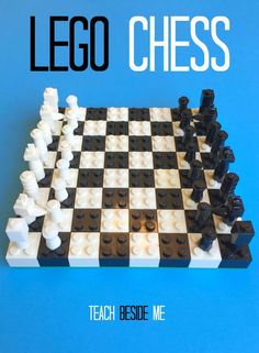 a lego chess board with black and white pieces on it, against a blue background