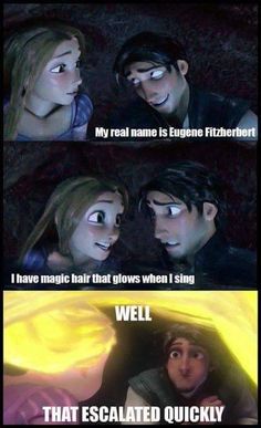 two pictures with the same caption for each character in tangled tale, and one has an