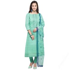 Elegance and charm are what you will exude once you get this turquoise green cotton churidar suit which will reflect the charm of high-end fashion. This boat neck and 3/4th sleeve kurti prettified with resham thread work. Matched with cotton churidar in mint green color with turquoise green nazneen dupatta. Churidar is plain. Dupatta prettified with printed work. This churidar suit can be customized up to the maximum size available in inches 58. Green Churidar, Cotton Churidar, Mint Green Color, Beautiful Suit, Pakistani Designers, Turquoise Green, Thread Work