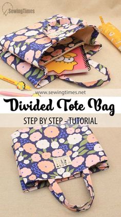 the diy tote bag is made from fabric and has flowers on it, as well