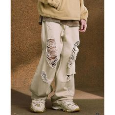 M-048-13 Vintage Ripped Streetwear Bottoms, Oversized Ripped Wide-leg Bottoms, Mens Baggy Ripped Jeans, Pre-washed Faded Jeans For Streetwear, Luxury Ripped Men's Jeans, Jeans Material, Vintage Streetwear, Mens Pants Fashion, Mens Bottom