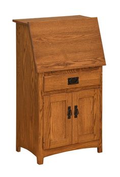 a wooden cabinet with two doors on the front and one door open to reveal a drawer