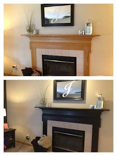 three pictures of a fireplace with the mantel and mantle covered in decorative items on top