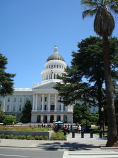 a large white building with a dome and trees in front of it on a sunny day