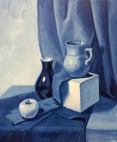 a painting of an apple, vase and other items on a blue clothed surface