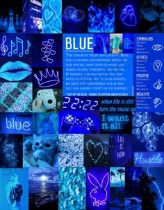 a collage of blue images and words