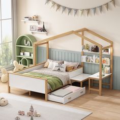 a child's bedroom with a bed, book shelf and toy storage unit in the corner