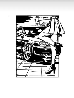 a black and white drawing of a woman leaning on a car