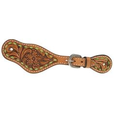 a brown leather belt with floral design on it