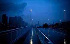 an empty walkway in the middle of a city at night with street lamps on either side