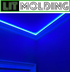 the lit molding logo is shown above a blue room with a door and window