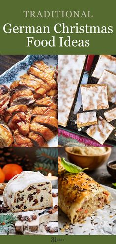 4 pictures containing different German inspired Christmas dishes German Christmas Desserts, Traditional German Christmas, Easy German Recipes, German Christmas Traditions, German Christmas Food, Christmas Food Ideas