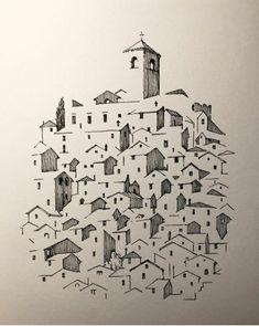 an ink drawing of houses in the middle of town with a clock tower on top