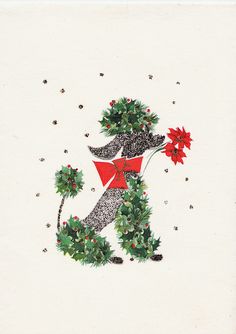 a christmas card with a dog holding a poinsettia and holly wreaths