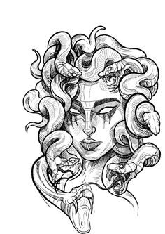 a drawing of a woman's face with snakes around her head