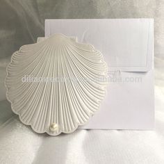 an envelope with a white shell on it