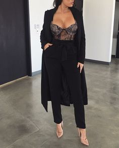 Jluxlabel Brielle pants + baby doll lace bodysuit Lace Bralette Outfit, Mode Abaya, Lingerie Outfits, Outfit Trends, Dreamy Dress, Lace Bodysuit, Outfits Casuales, Baby Doll