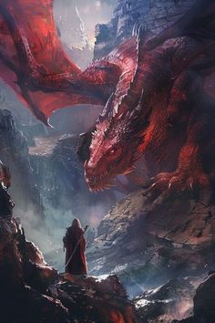 a red dragon standing on top of a mountain next to a man in front of a waterfall