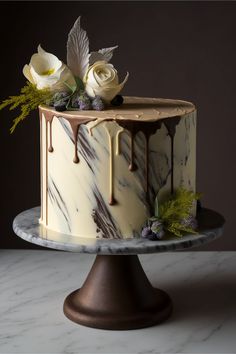 A one-tiered minimalist marble cake with a marbled effect on the buttercream frosting. Perfect for a modern and elegant wedding Wedding Cakes One Tier, Vanilla And Chocolate Cake, Cake With Layers, Chocolate Marble Cake, One Tier Cake, Cake Design For Men, Marble Chocolate, Two Tier Cake, Simple Cake Designs