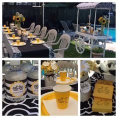 the table is set up with yellow and black plates, cups, and umbrellas