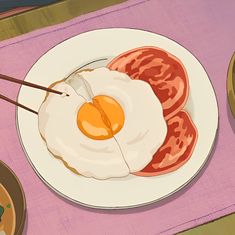 an egg and tomato on a plate with chopsticks