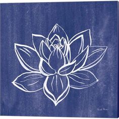 a blue and white drawing of a lotus flower on a dark background canvas wall art print