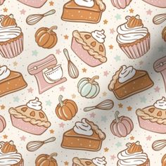 a white background with many different types of desserts and pumpkins on it's surface