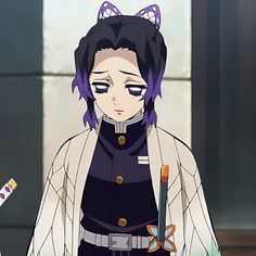 an anime character with purple hair and cat ears, holding a knife in her hand