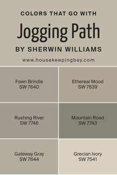 Colors that Go With Jogging Path SW 7638 by Sherwin Williams Jogging Path, Sherwin Williams Gray, Family Room Makeover, Trim Colors, Farmhouse Paint Colors