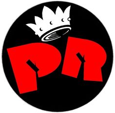 a black and red logo with a crown on top