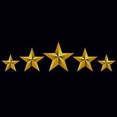 five gold stars are lined up in a row on a black background, with one star facing the viewer