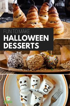 halloween desserts with the words fun to make on them and pictures of different foods