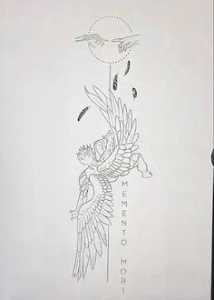 an ink drawing of a bird flying in the air with its wings spread out and two hands reaching for something