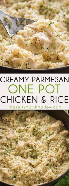 creamy parmesan one pot chicken and rice casserole in a skillet