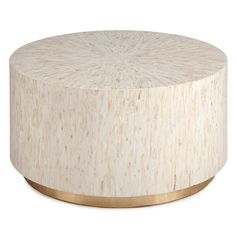 a round wooden table with gold trim around the top and bottom, on a white background