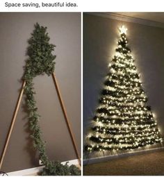 a christmas tree is decorated with lights and greenery in the shape of a triangle