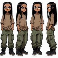 three different views of a girl with black hair and brown shirt, wearing cargo pants