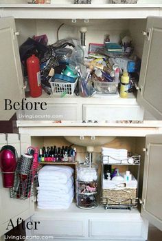 an open cabinet filled with lots of clutter