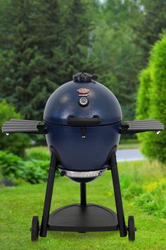 a large blue bbq grill sitting on top of a grass covered field with trees in the background