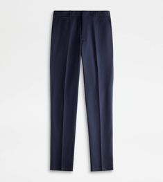 Pants in gabardine with ironed crease, fastened with zip, hook and counter-button. Featuring slanted front pockets, coin pocket and welt back pockets with button, they come with the leather tag on the back with stamped Tod's logo. Leather Tag, Blue Back, Blue Trousers, Trainers Women, Blue Grey, Gray Color, Ready To Wear, Coin, Trousers