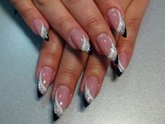 Love stone details Stiletto Nail Art, French Manicure Nails, Fancy Nails Designs, French Nail Designs, Nail Designs Glitter, Silver Nails, Elegant Nails, Fancy Nails