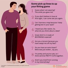 a man and woman standing next to each other in front of a pink background with the words, some pick up lines to up your fitting game