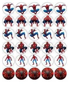 spiderman cupcake toppers are shown in various poses